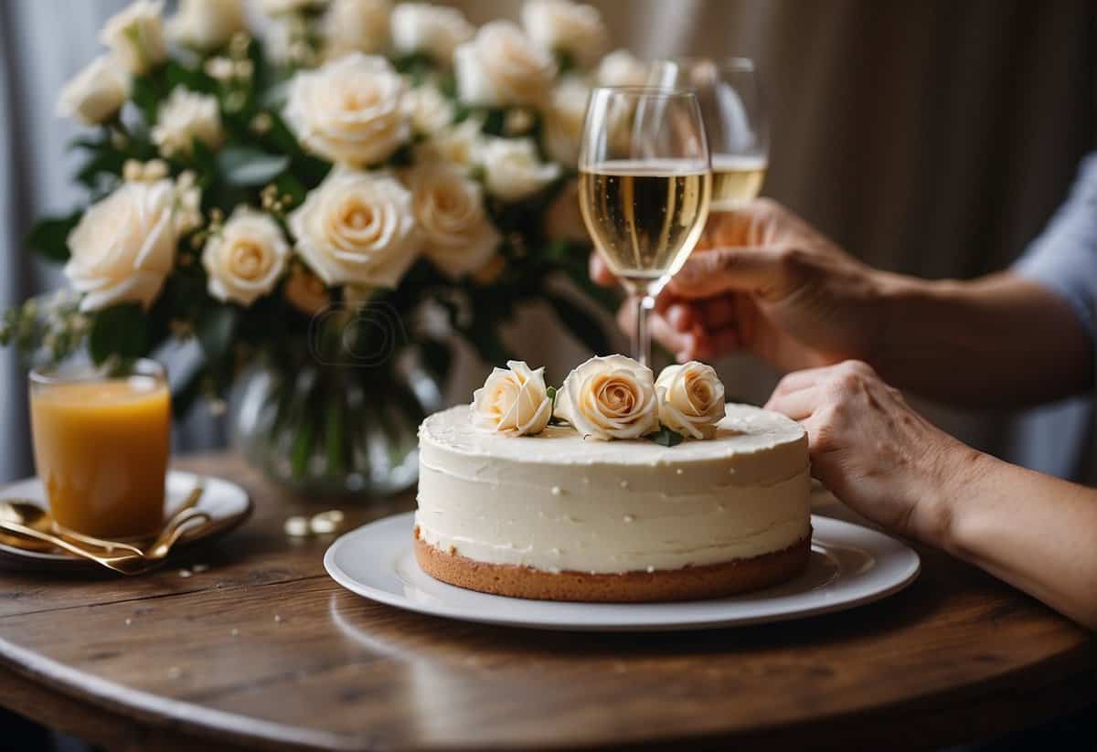 A couple's hands clasping over a table set with a bouquet of flowers, a bottle of champagne, and a cake with "63rd Anniversary" written in icing