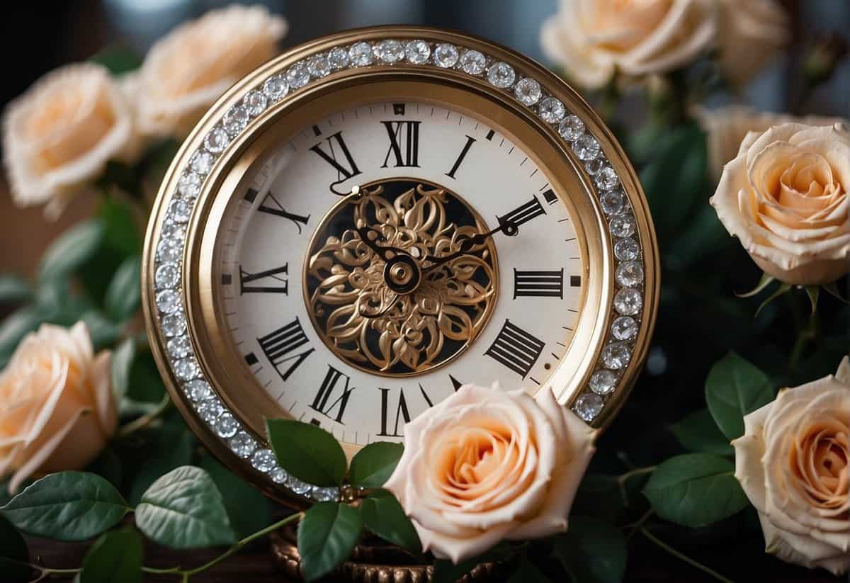 A diamond-encrusted clock set at 63 minutes past the hour, surrounded by blooming roses and intertwined vines