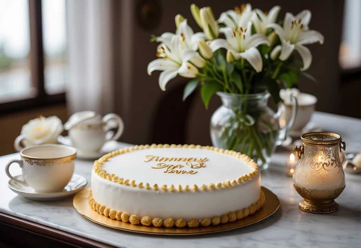 A table set with a bouquet of white lilies, a framed wedding photo, and a handwritten love letter. A 63rd anniversary cake sits in the center, adorned with intricate icing designs