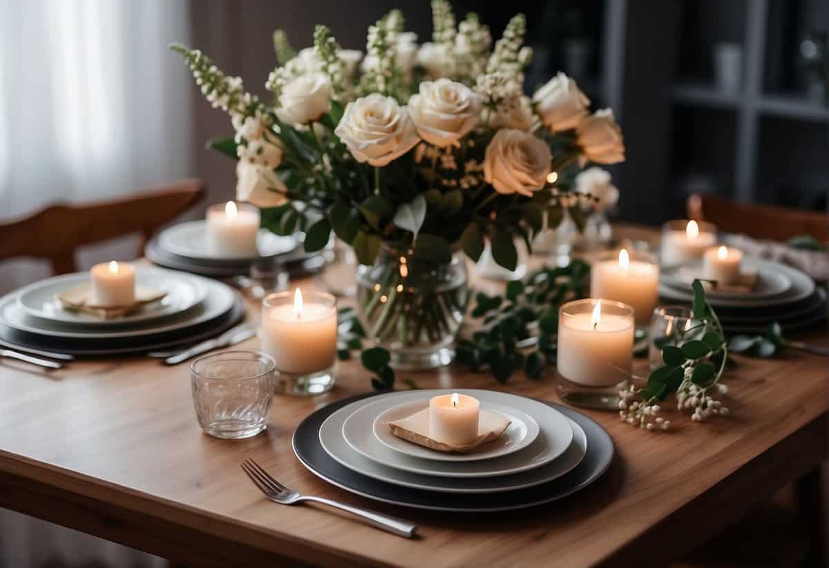 A table set with elegant dinnerware and a bouquet of fresh flowers, surrounded by family photos and a glowing candle, all in honor of a 63rd wedding anniversary