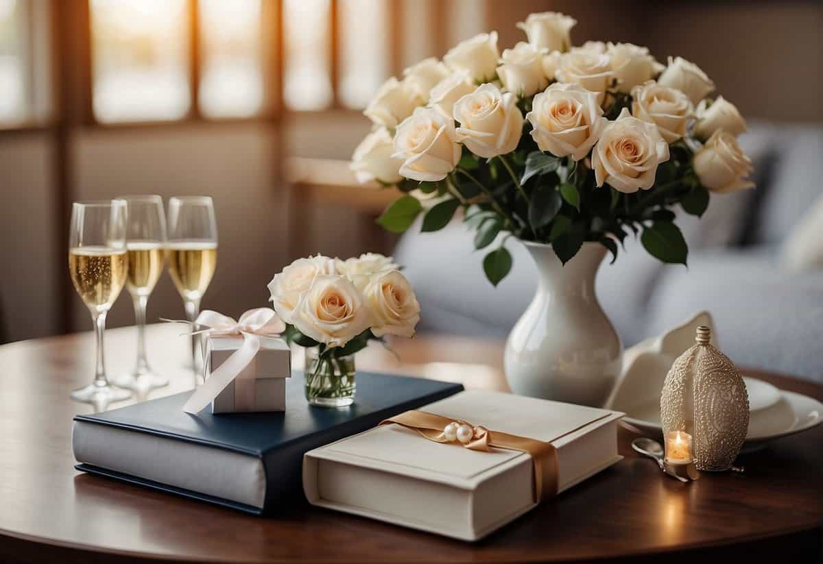 A table set with a bouquet of white roses, a bottle of champagne, and a photo album labeled "63 Years Together." A gift box with a pearl necklace sits nearby