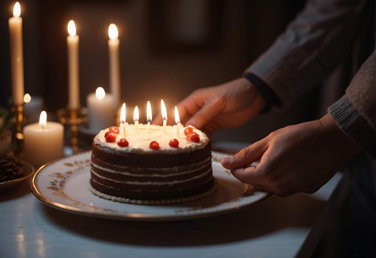 A couple's hands lighting 63 candles on a cake, surrounded by family photos and a handwritten note expressing love and gratitude