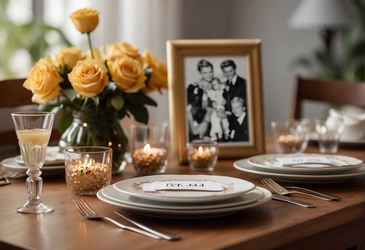 A couple's dining table adorned with 64th anniversary decorations, surrounded by family photos and a cake with "Happy 64th Anniversary" written on top