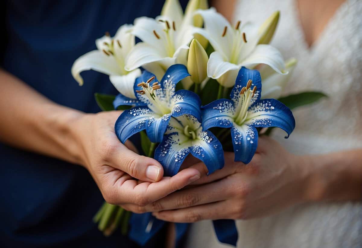 A couple's hands clasping a bouquet of blue sapphires and white lilies, symbolizing 64 years of love and unity