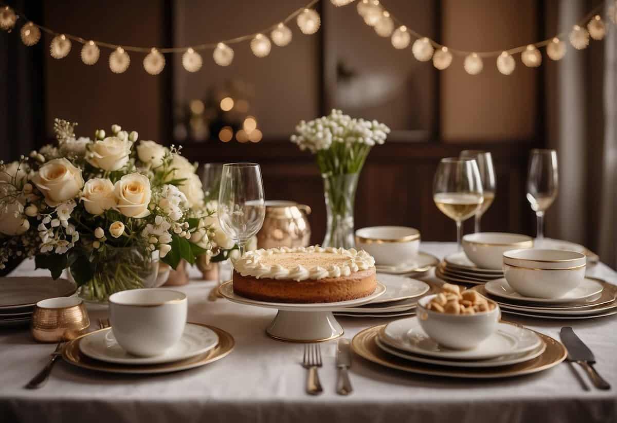 A table set with elegant dinnerware, surrounded by family photos and flowers. A banner reading "64th Anniversary" hangs above, with a cake and champagne nearby