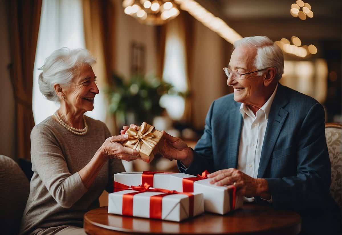 A couple exchanging traditional and modern gifts for their 64th wedding anniversary