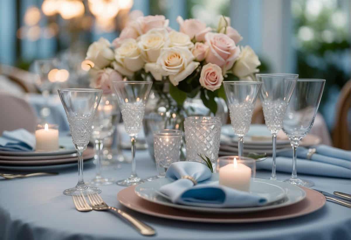 A table set with elegant silverware, crystal glasses, and a floral centerpiece of white roses, lilies, and orchids. A soft color palette of pastel pinks and blues creates a romantic and sophisticated atmosphere