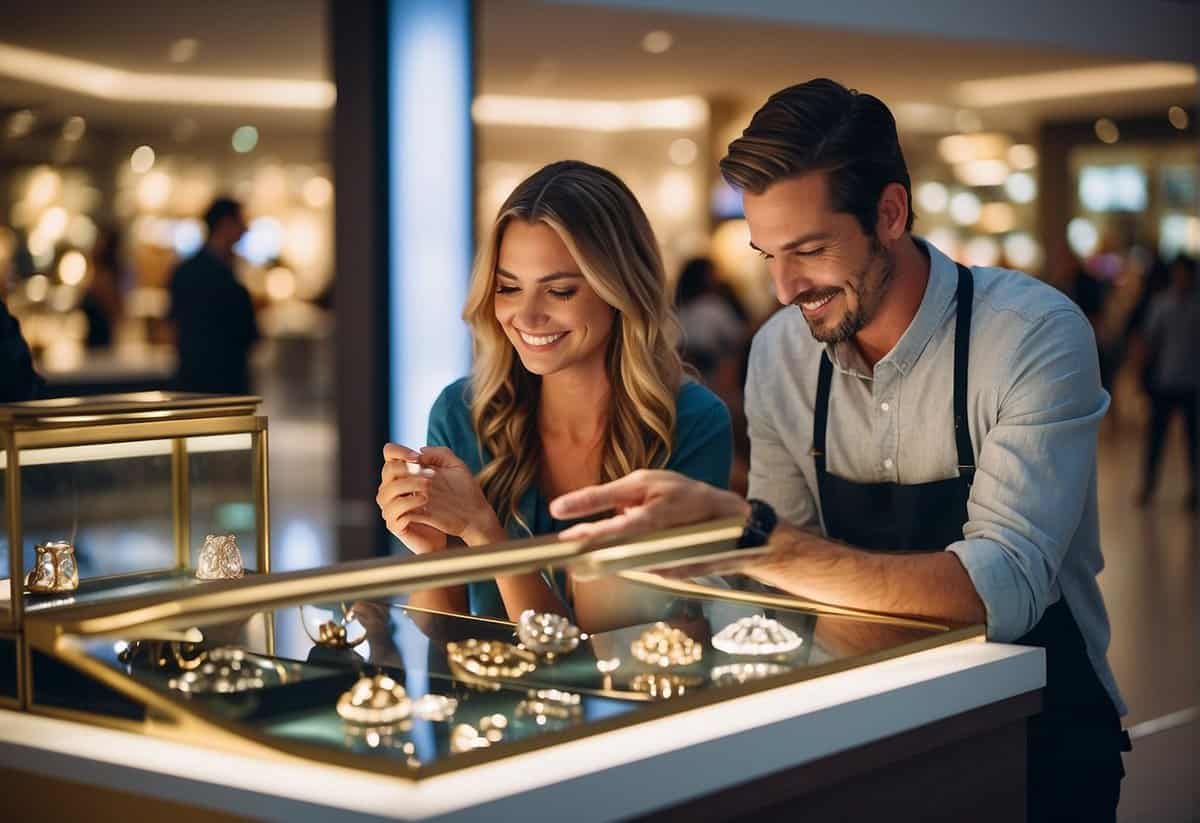 A couple browsing through personalized anniversary gift options at a bustling shopping mall. Displays of custom jewelry, photo frames, and engraved items catch their eye