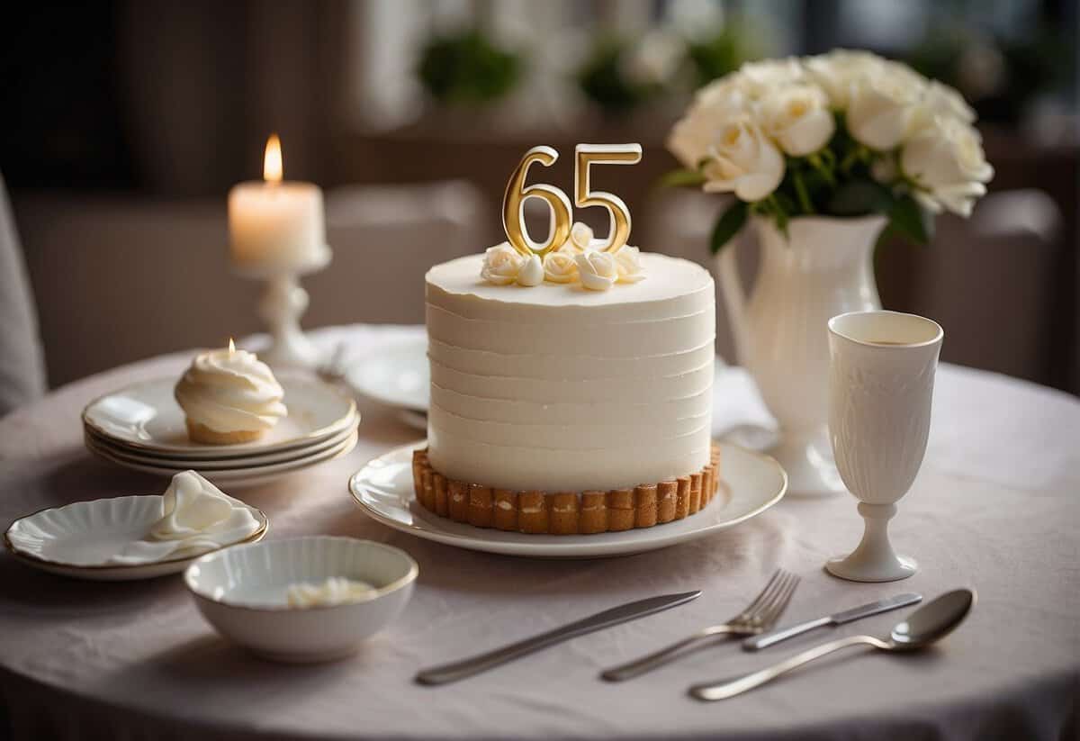 A table set with elegant dinnerware, a bouquet of flowers, and a cake with "65th Anniversary" written in frosting