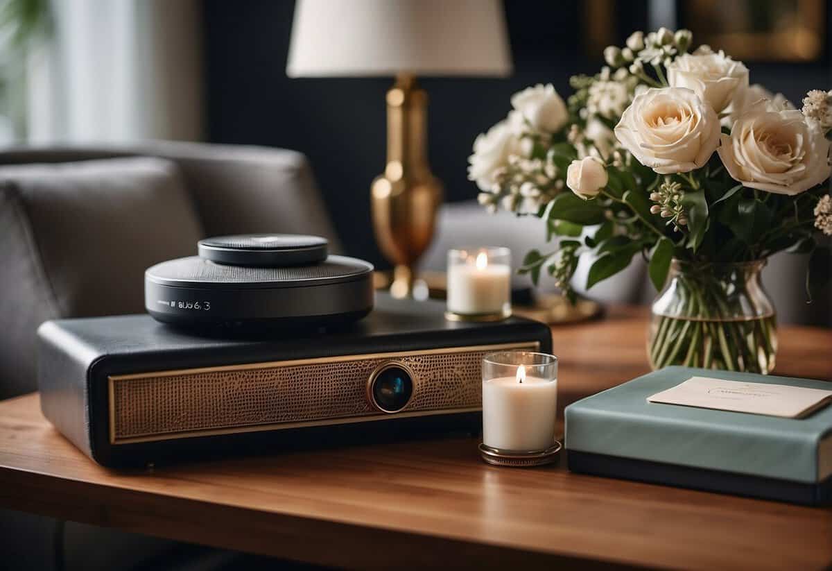 A table adorned with a mix of traditional and modern gifts for a 65th wedding anniversary. A vintage photo album sits next to a sleek smart speaker, surrounded by classic flowers and contemporary decor