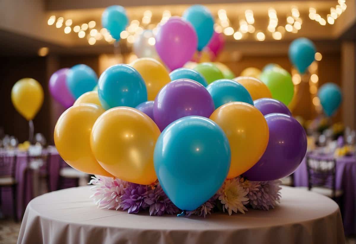 Colorful decorations, balloons, and streamers fill the room. A large "65" balloon centerpiece sits on the table. Tables are adorned with elegant centerpieces and festive tablecloths