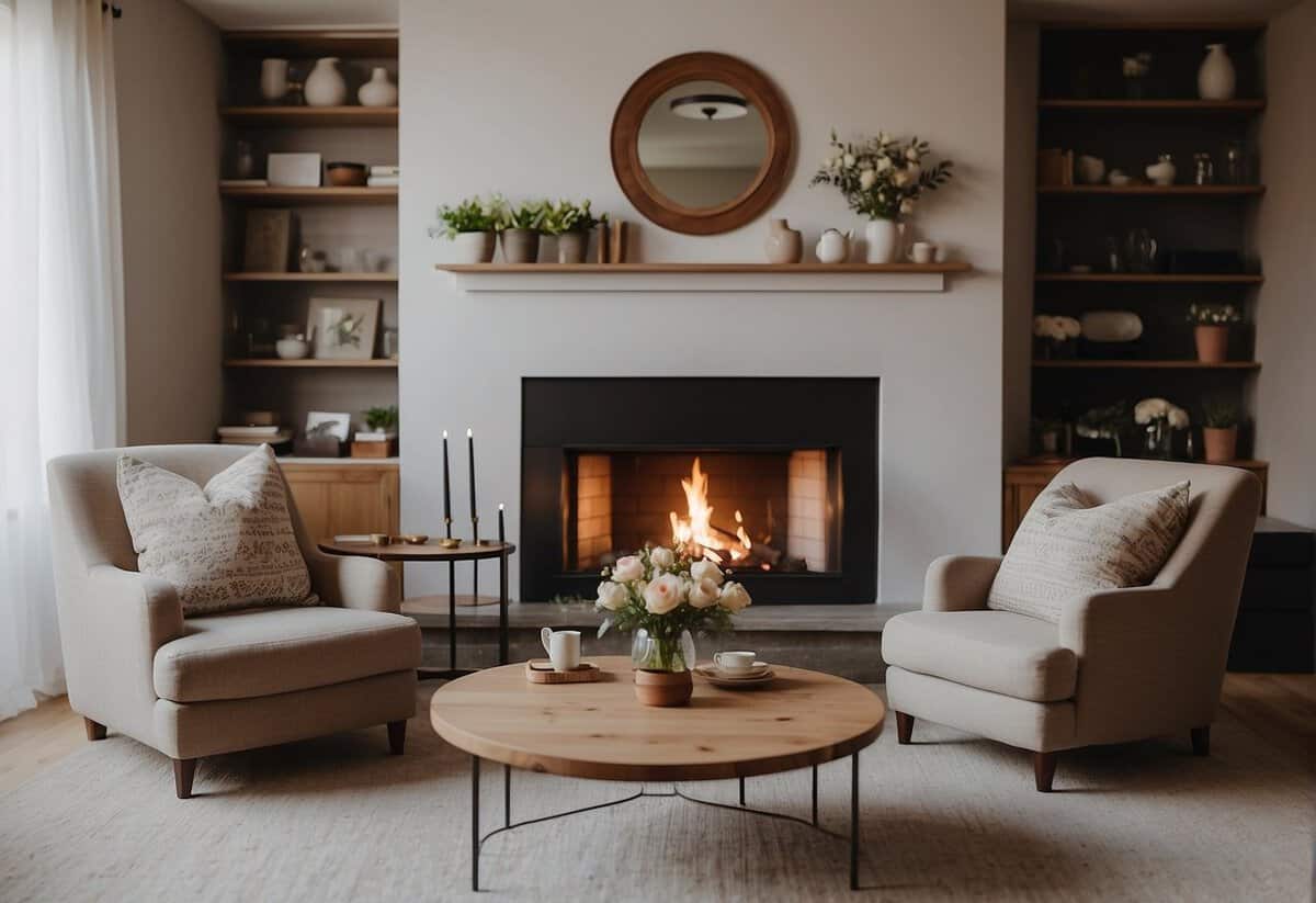 A cozy living room with a fireplace, two armchairs, and a small table set for two with a vase of flowers