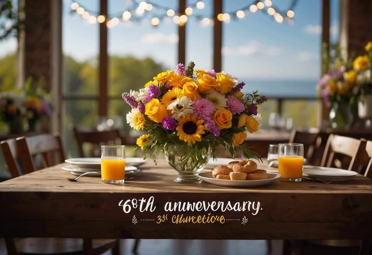 A table adorned with a colorful array of fresh flowers, surrounded by smiling faces and clinking glasses. A banner reading "66th anniversary" hangs above the joyful scene