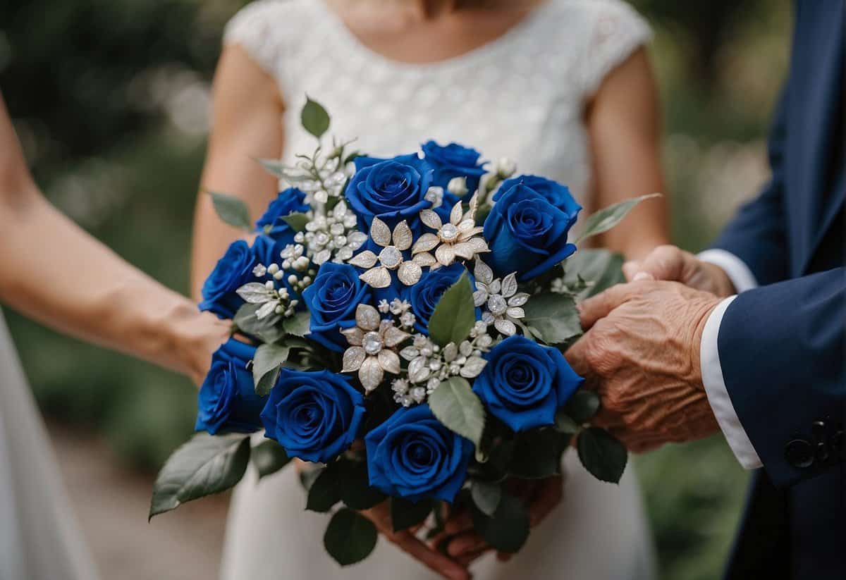 A couple's hands exchanging a bouquet of sapphire blue roses, a framed photo from their wedding day, and a custom-made diamond-studded 66th anniversary plaque
