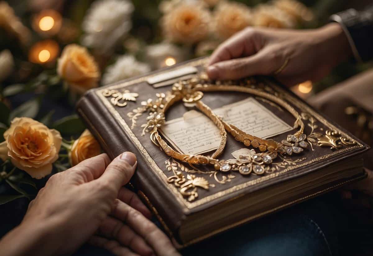 A couple's hands holding a vintage photo album, surrounded by 67th anniversary symbols like flowers, diamonds, and a love letter