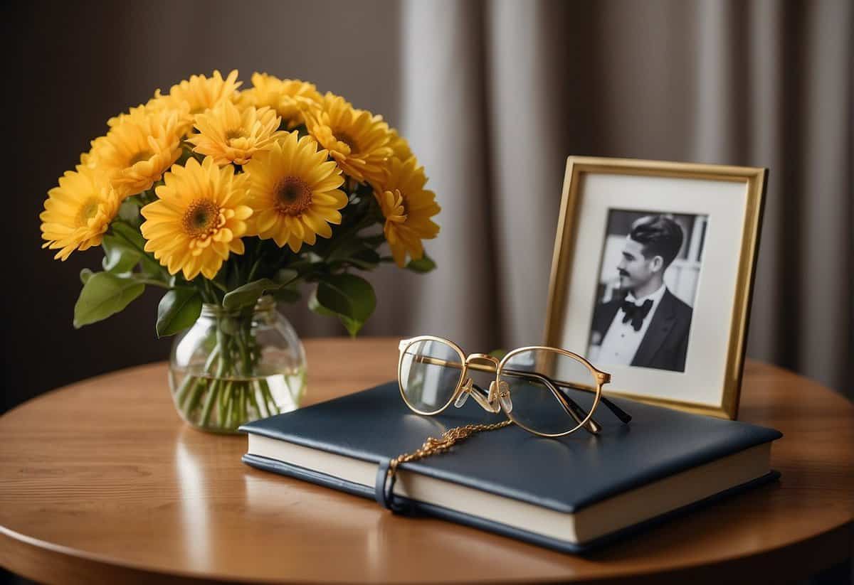 A table set with a bouquet of yellow flowers, a vintage photo album, and a pair of gold-rimmed glasses. A framed picture of a couple on their wedding day sits nearby