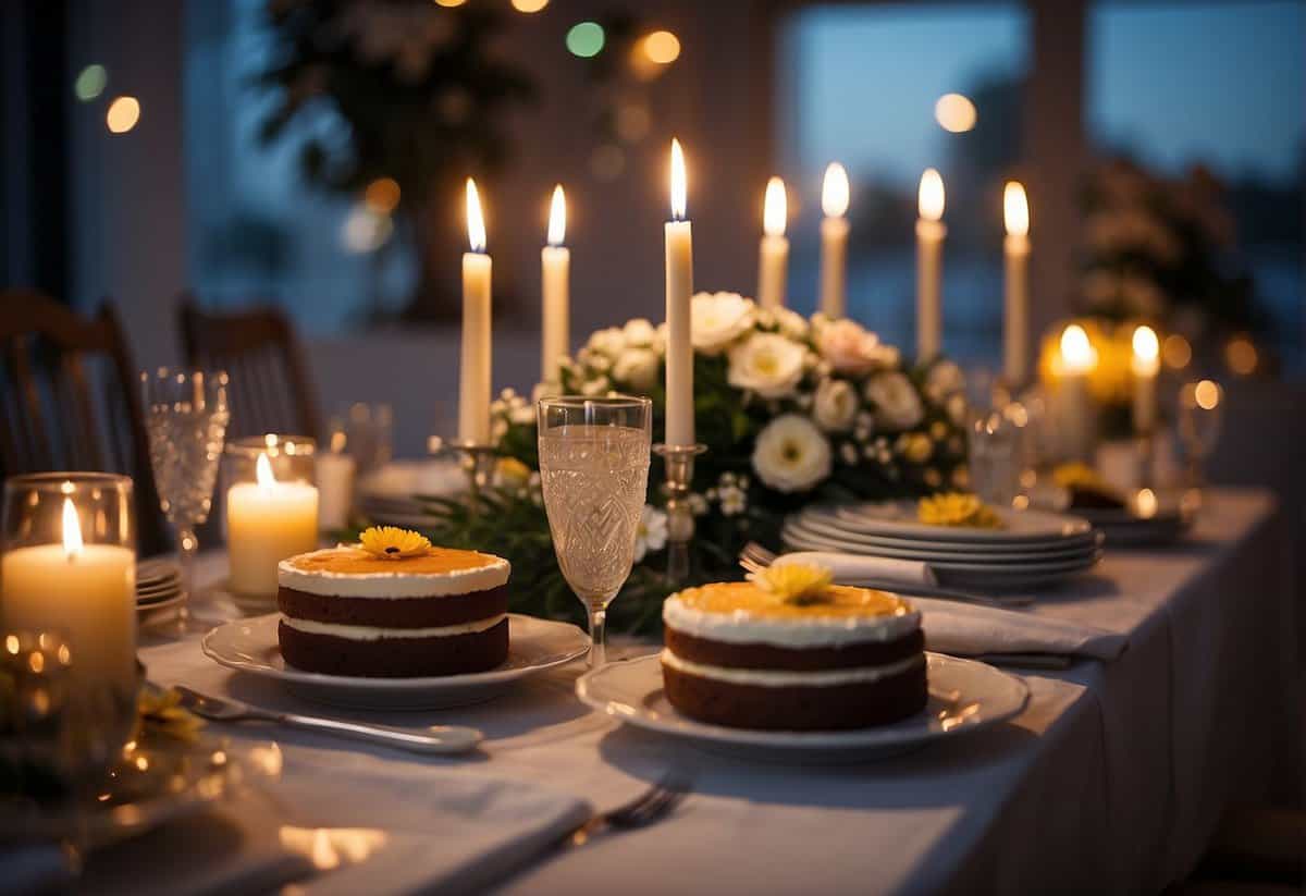 A festive table adorned with flowers, candles, and a beautifully decorated cake. A banner reads "67th Anniversary" while guests mingle and share stories