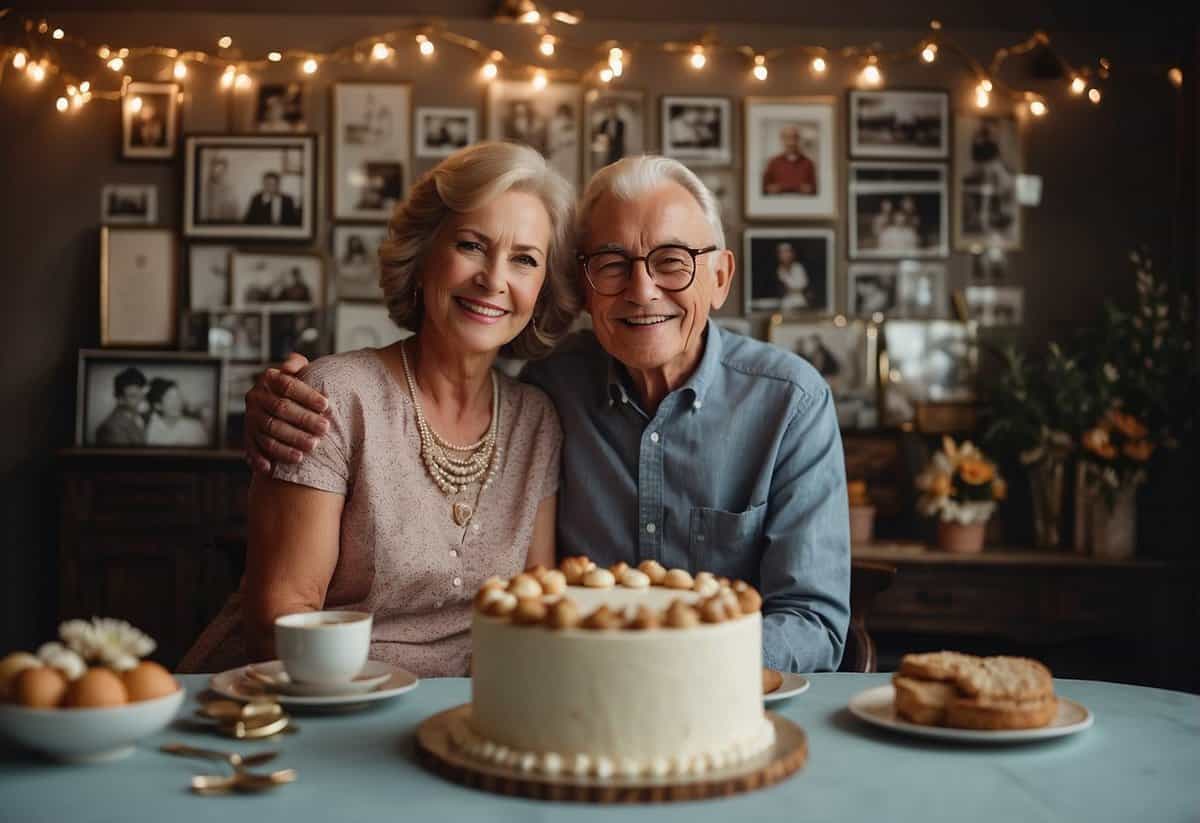 A couple sitting at a table with a beautifully decorated cake, surrounded by family photos and mementos from their 67 years together