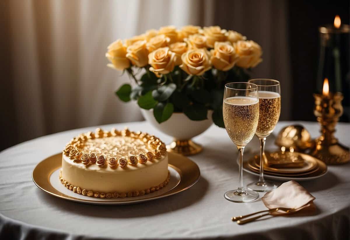 A table set with 67 roses, a pair of champagne glasses, and a vintage photo album. A golden anniversary cake with intricate icing sits in the center