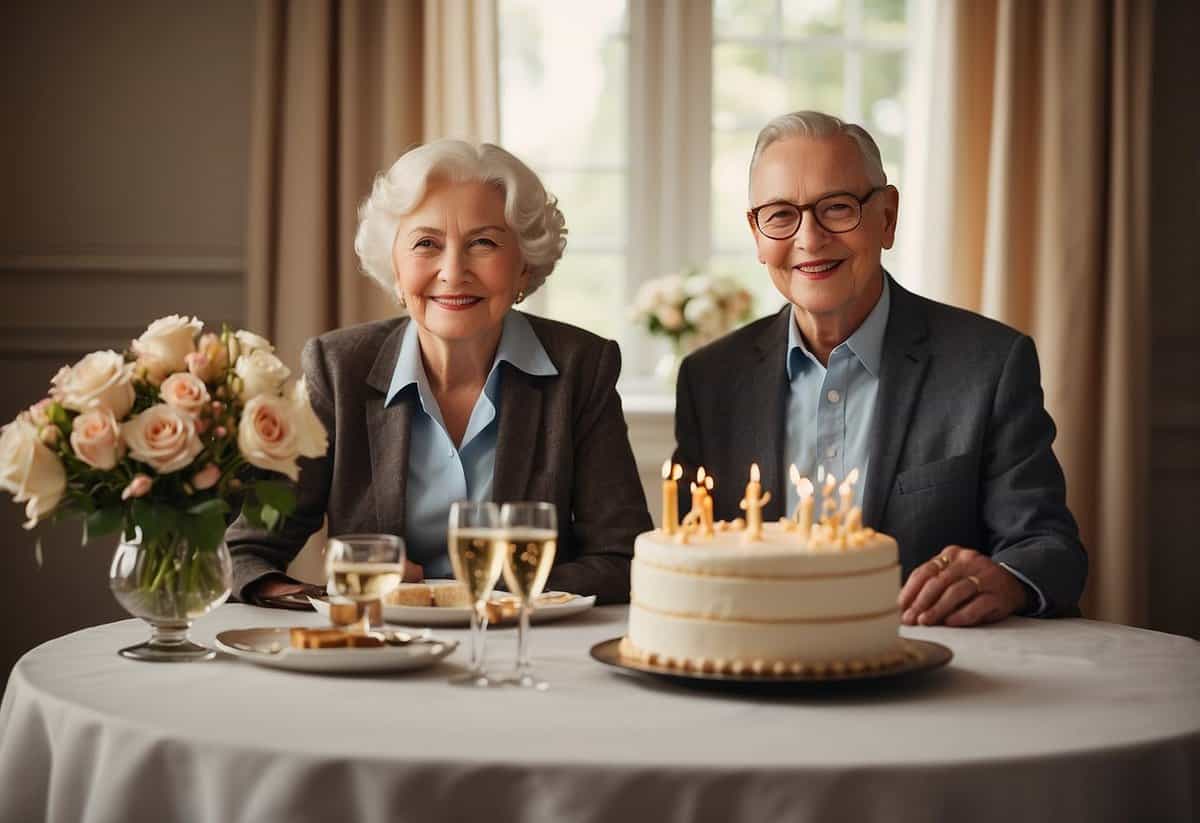 An elderly couple sitting at a beautifully set table with a cake, champagne, and a vase of flowers. A banner reading "68th Anniversary" hangs in the background
