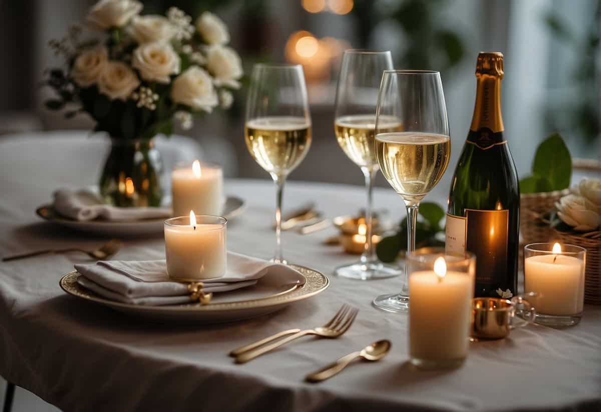 A table set with a white tablecloth, adorned with flowers and candles. Two champagne glasses clink in a toast, surrounded by framed photos of cherished memories