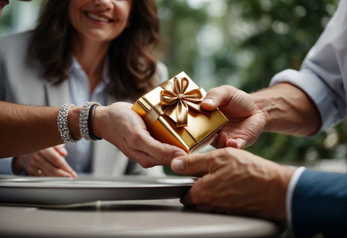 A couple exchanging a traditional platinum gift alongside a modern gift of art or technology, symbolizing 68 years of love and commitment