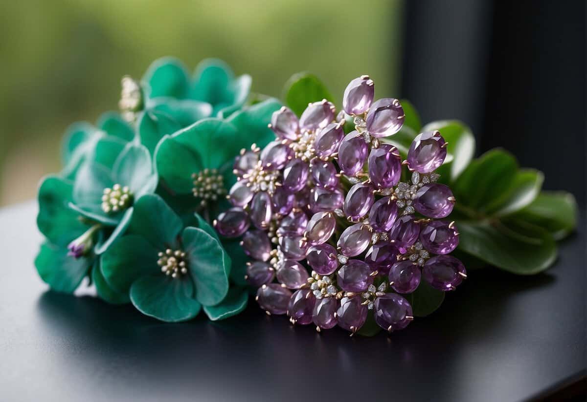 A vibrant bouquet of lilac amethysts and jade green emeralds, surrounded by elegant platinum accents, symbolizing the 68th wedding anniversary