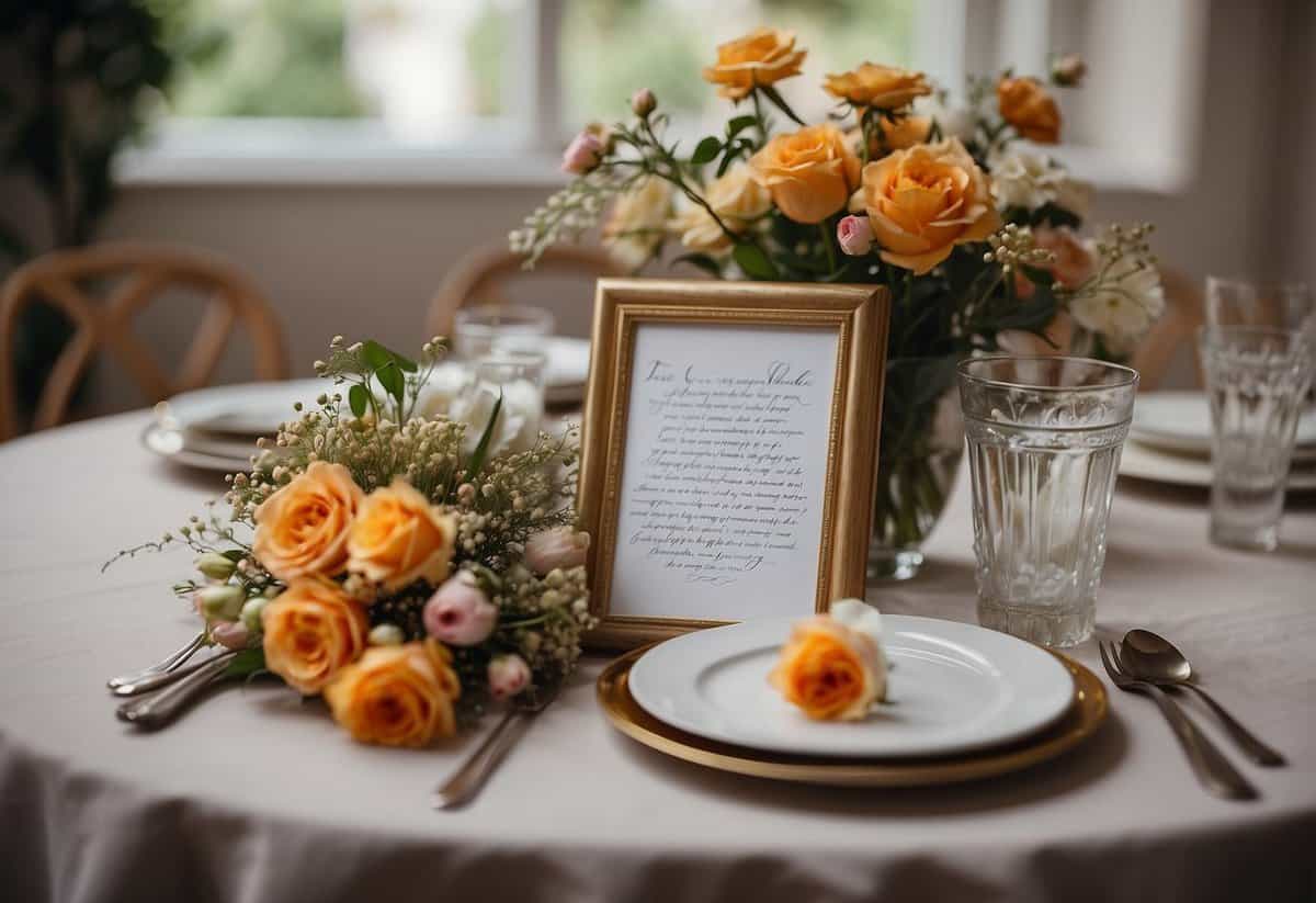 A table set with a vase of flowers, a framed wedding photo, and a handwritten love letter. Two empty chairs face each other, waiting for the couple to celebrate their 68th anniversary