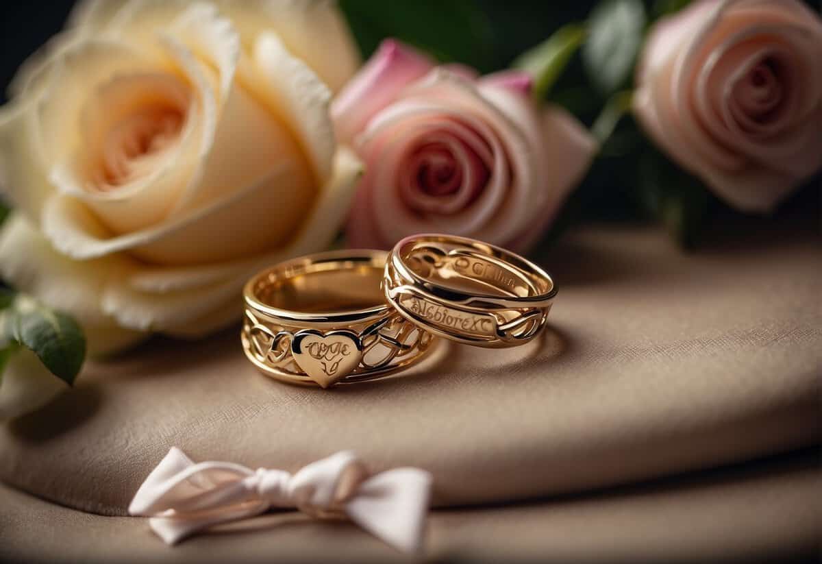 A pair of intertwined rings, one with a number 69 and the other with a heart, surrounded by blooming roses and a golden anniversary banner