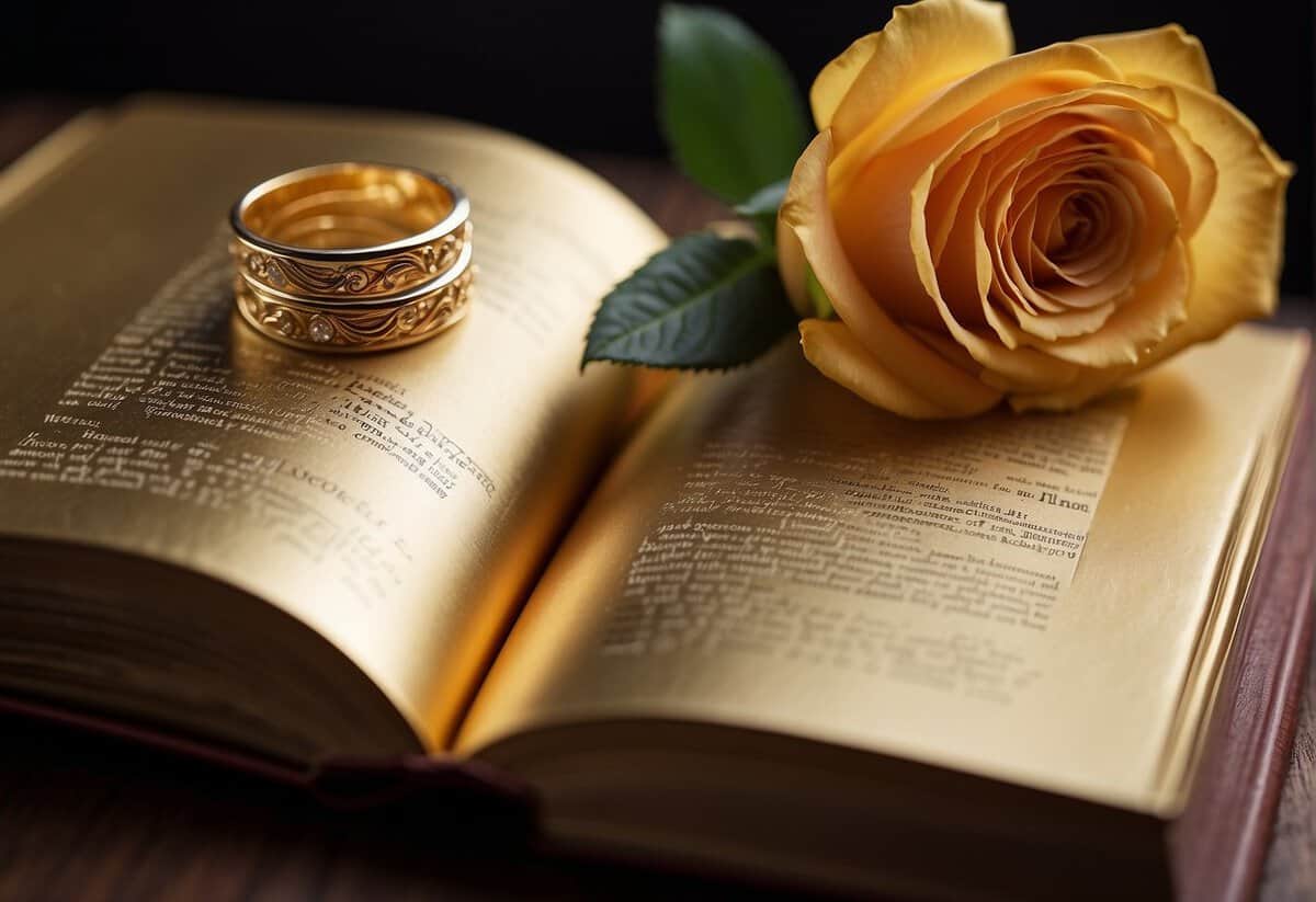 A golden photo album filled with memories, a pair of intertwined rings, and a bouquet of everlasting roses symbolizing 69 years of love and commitment