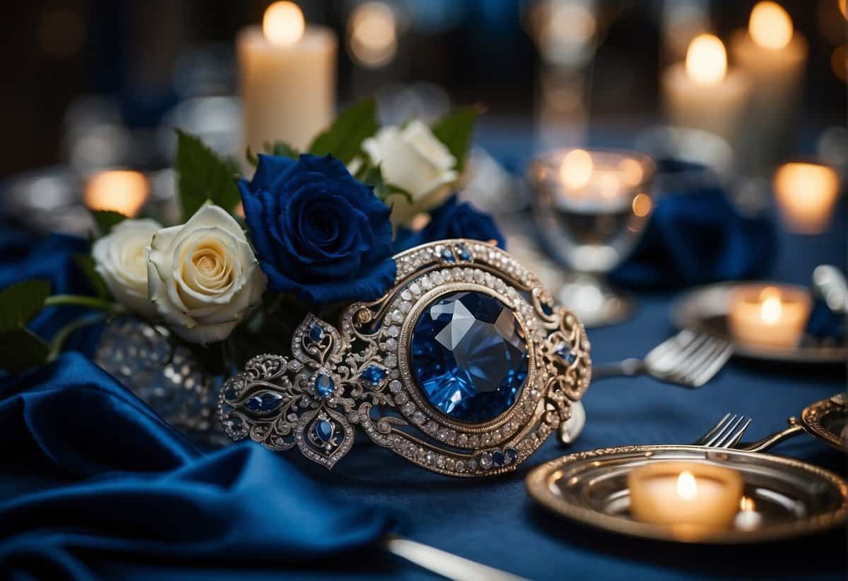 A table adorned with elegant silver and sapphire decorations, surrounded by photos of the couple's journey, with a backdrop of soft candlelight and a hint of vintage charm