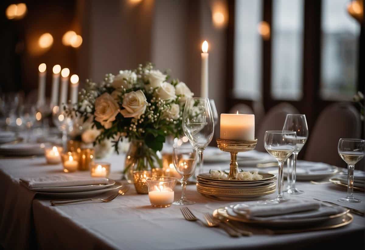 A table set with elegant dinnerware and a bouquet of flowers, surrounded by candles and soft lighting, creating a romantic atmosphere for a 69th wedding anniversary celebration