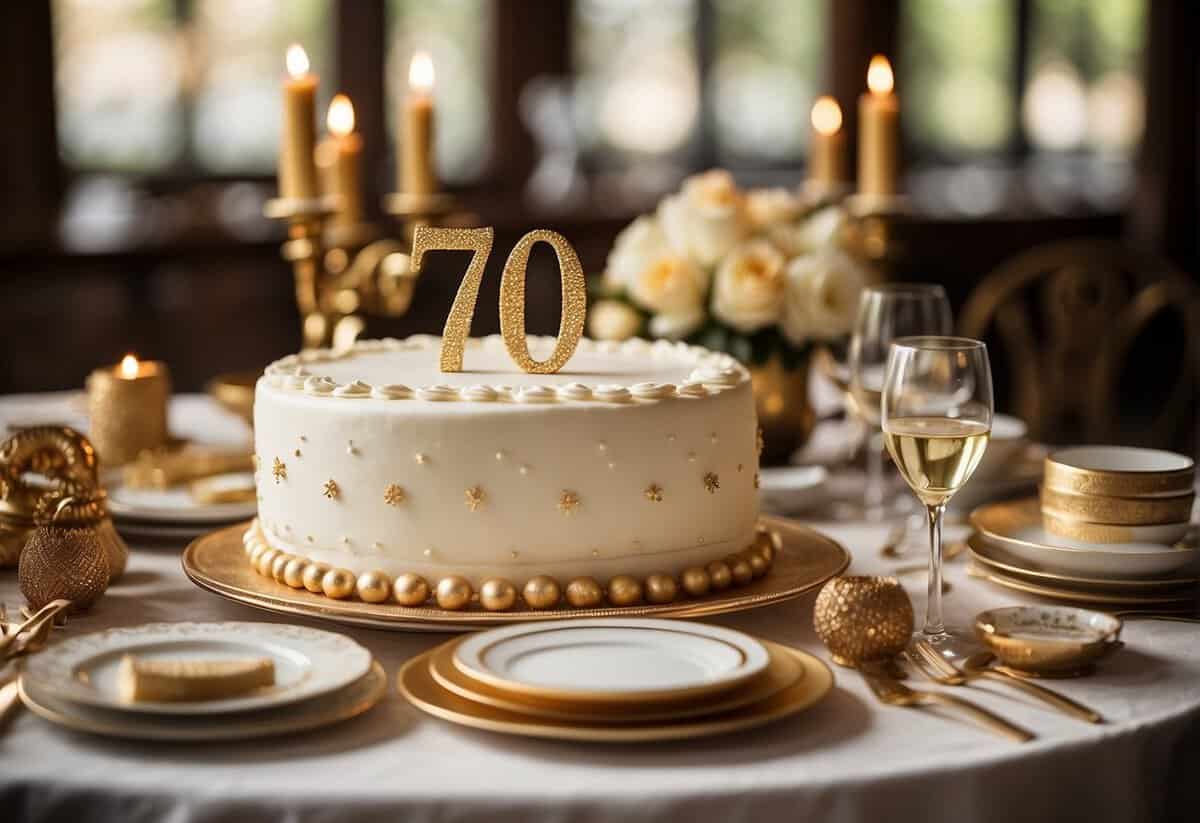 A table set with elegant dinnerware, surrounded by golden anniversary decorations and a large cake with "70th Anniversary" written in frosting