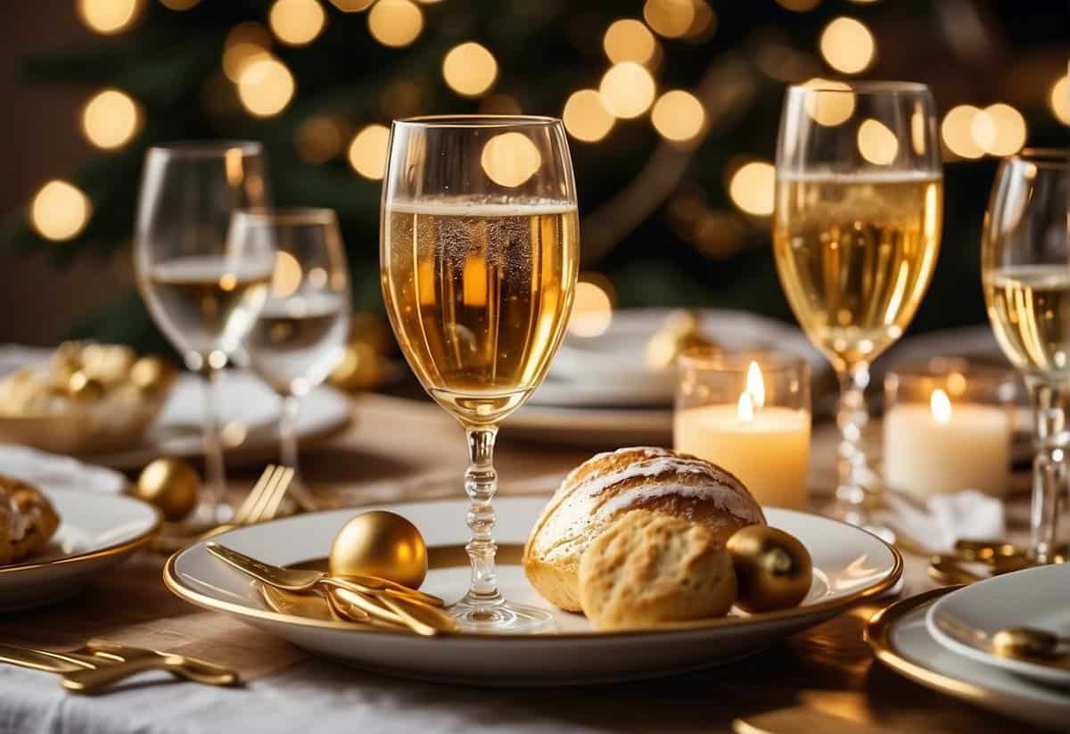 A festive table set with gold and white decorations, surrounded by happy family members raising their glasses in a toast