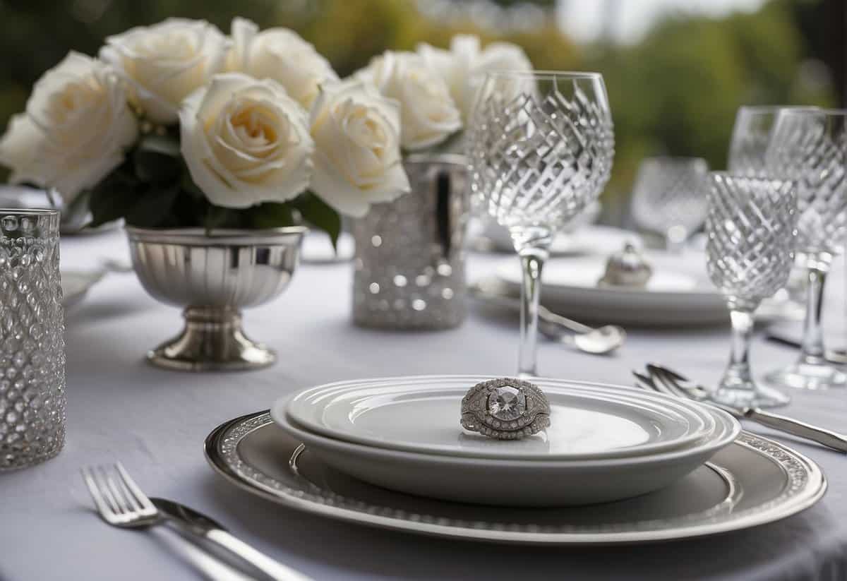 A table set with a silver and white color scheme, adorned with 70th anniversary symbols like diamonds, platinum, and the number 70