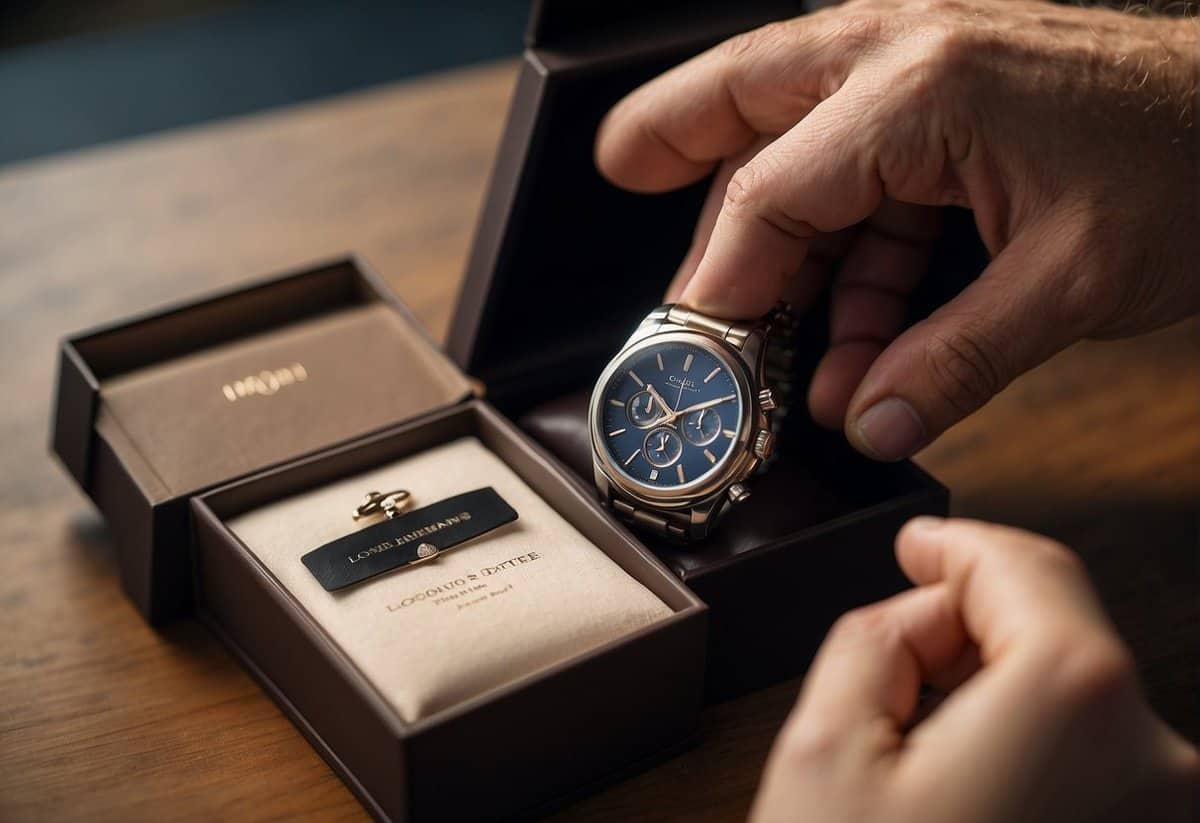 A man's hand opens a gift box revealing a personalized watch with an engraving of the couple's wedding date. A bottle of his favorite cologne and a handwritten love note accompany the gift
