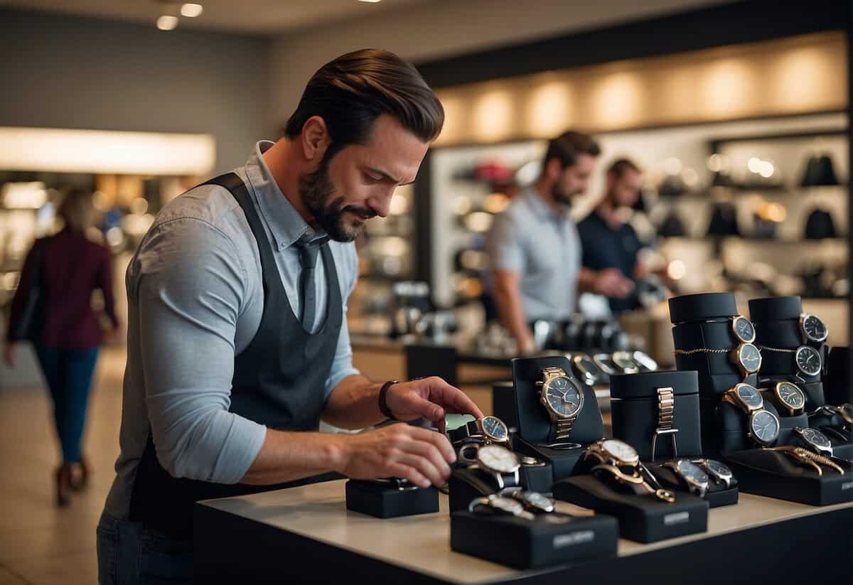 A man browsing through a variety of gift options, including watches, personalized items, and gadgets, while a sales associate assists him