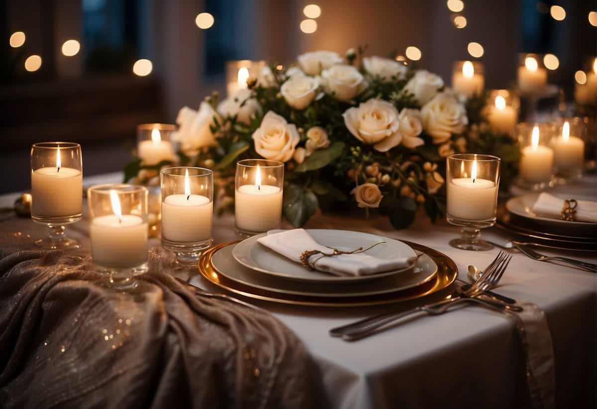 A dining table adorned with candles, flowers, and elegant tableware. A backdrop of fairy lights and draped fabric creates a romantic ambiance