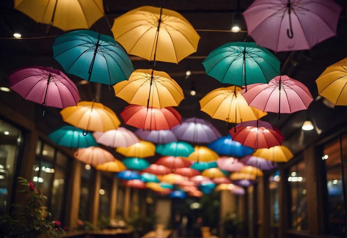 Colorful umbrellas hang from the ceiling, adorned with flowers and ribbons. Soft lighting illuminates the display, creating a whimsical and romantic atmosphere
