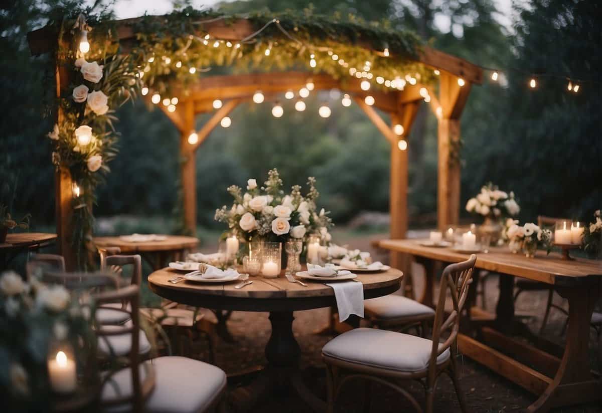 A charming backyard wedding with a rustic arch, string lights, and floral decorations. A cozy seating area and a vintage-inspired dessert table complete the scene