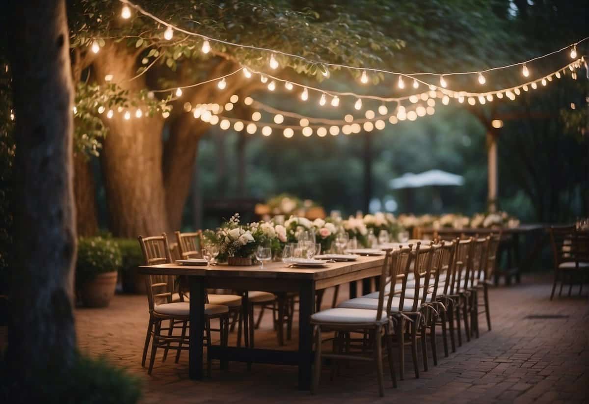 A rustic backyard wedding with string lights, wooden tables, and floral centerpieces under a canopy of trees