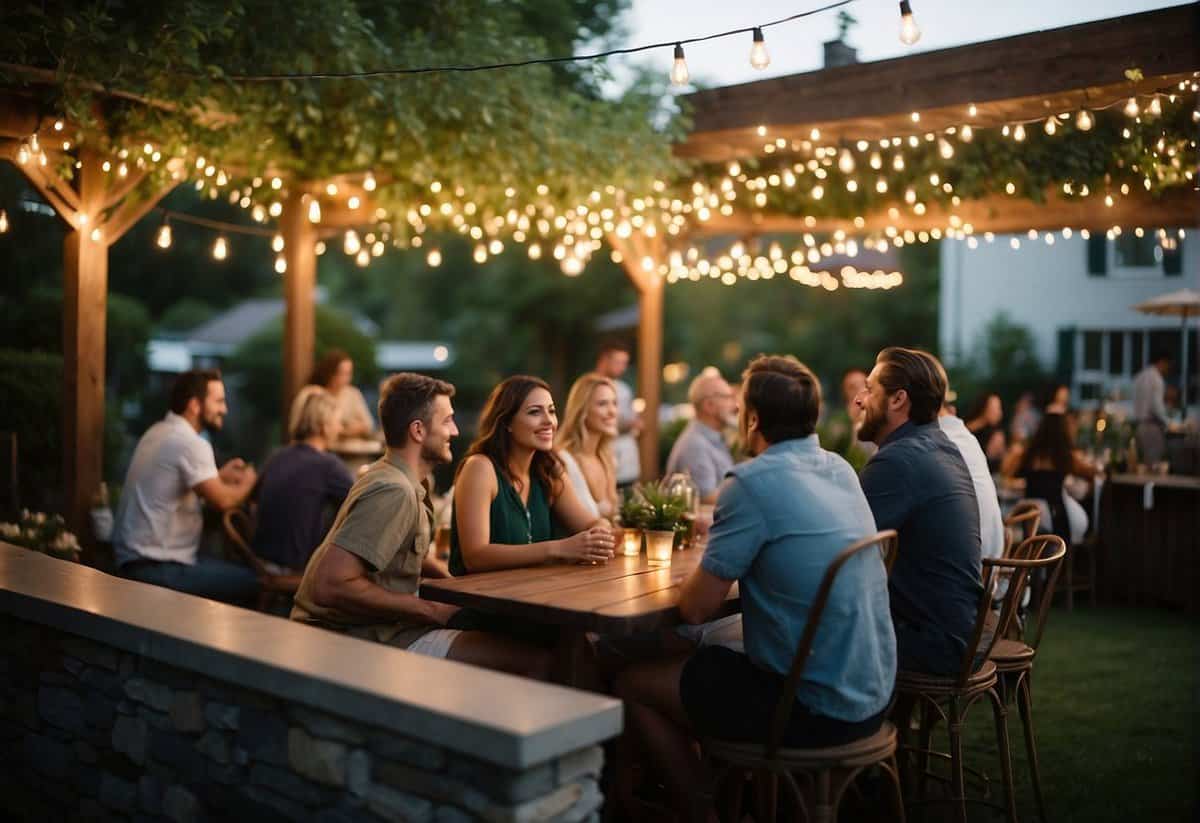 Guests relax in cozy seating areas, surrounded by twinkling string lights and lush greenery. A charming outdoor bar offers refreshments, while a live band sets the mood for a memorable backyard wedding