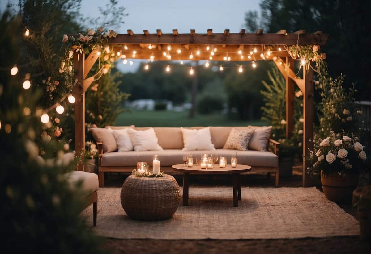 A backyard wedding with string lights, floral arch, rustic seating, and a cozy lounge area