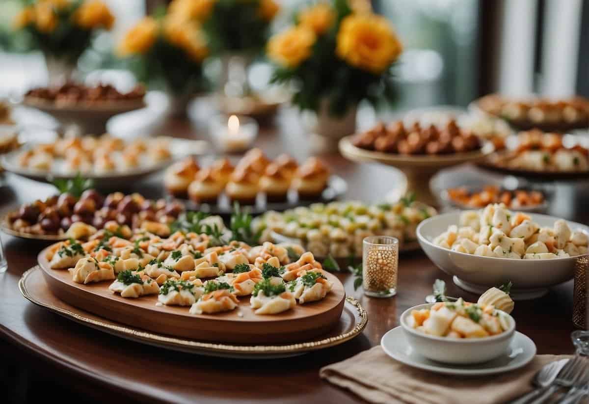 A table adorned with an array of elegant and delectable wedding food options, including appetizers, entrees, and desserts, beautifully presented with floral arrangements and decorative tableware