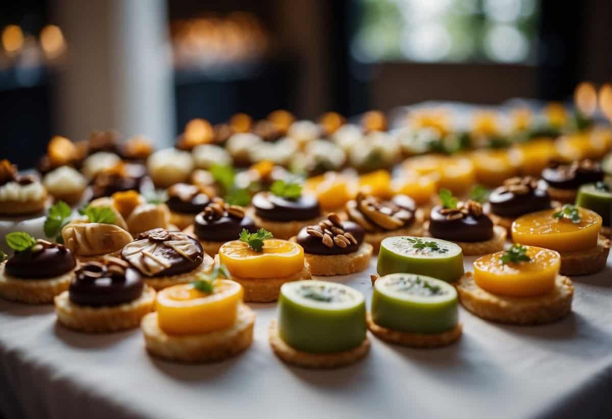 A table displays an array of wedding food ideas, from elegant canapés to decadent dessert options, all beautifully presented and ready to delight guests