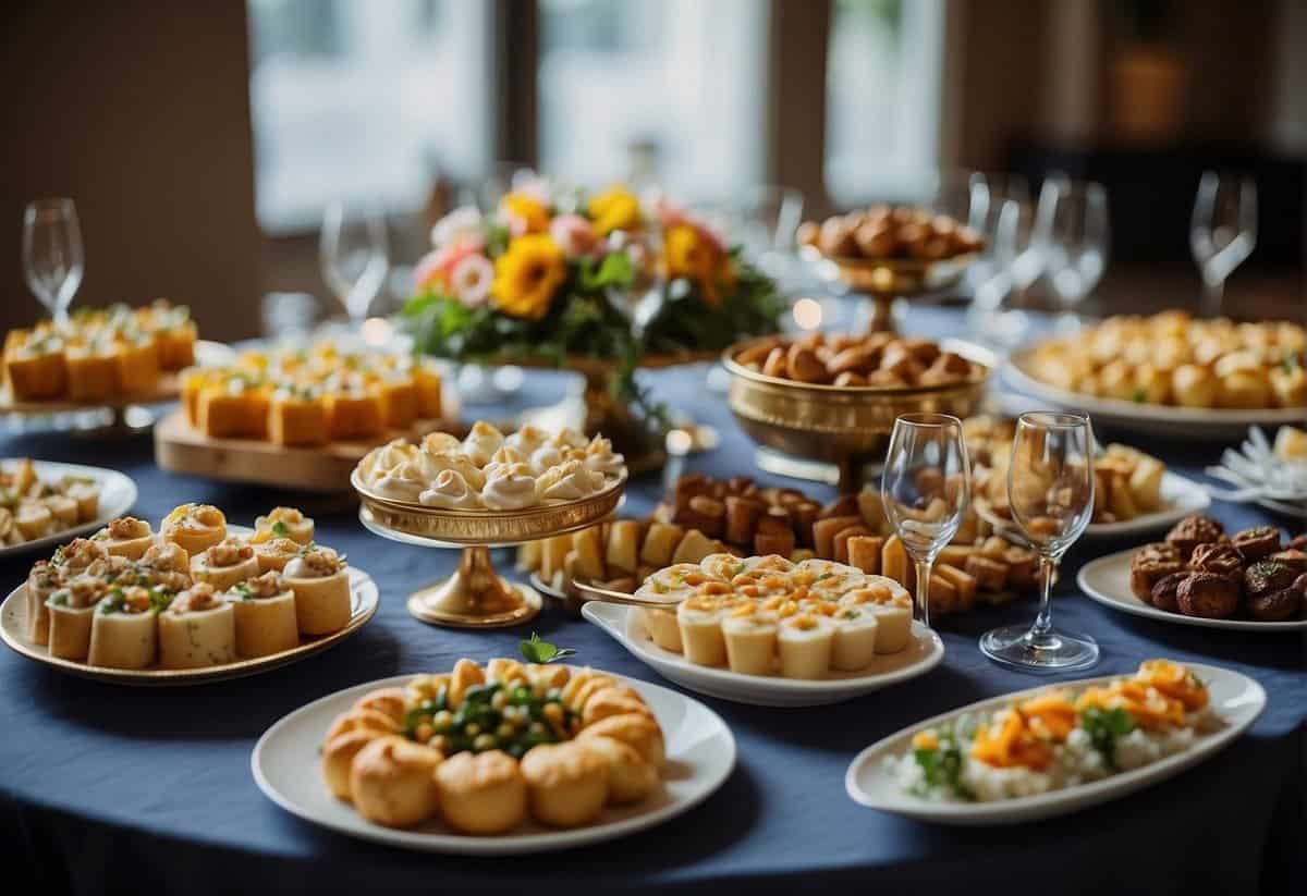A table adorned with an array of elegant wedding food items, including colorful appetizers, decadent desserts, and a variety of main courses