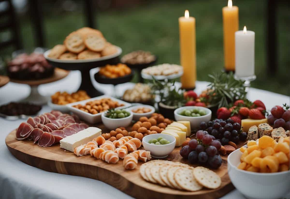 A table displays an array of elegant backyard wedding food: charcuterie, gourmet salads, and mini desserts. A floral centerpiece adds a touch of romance