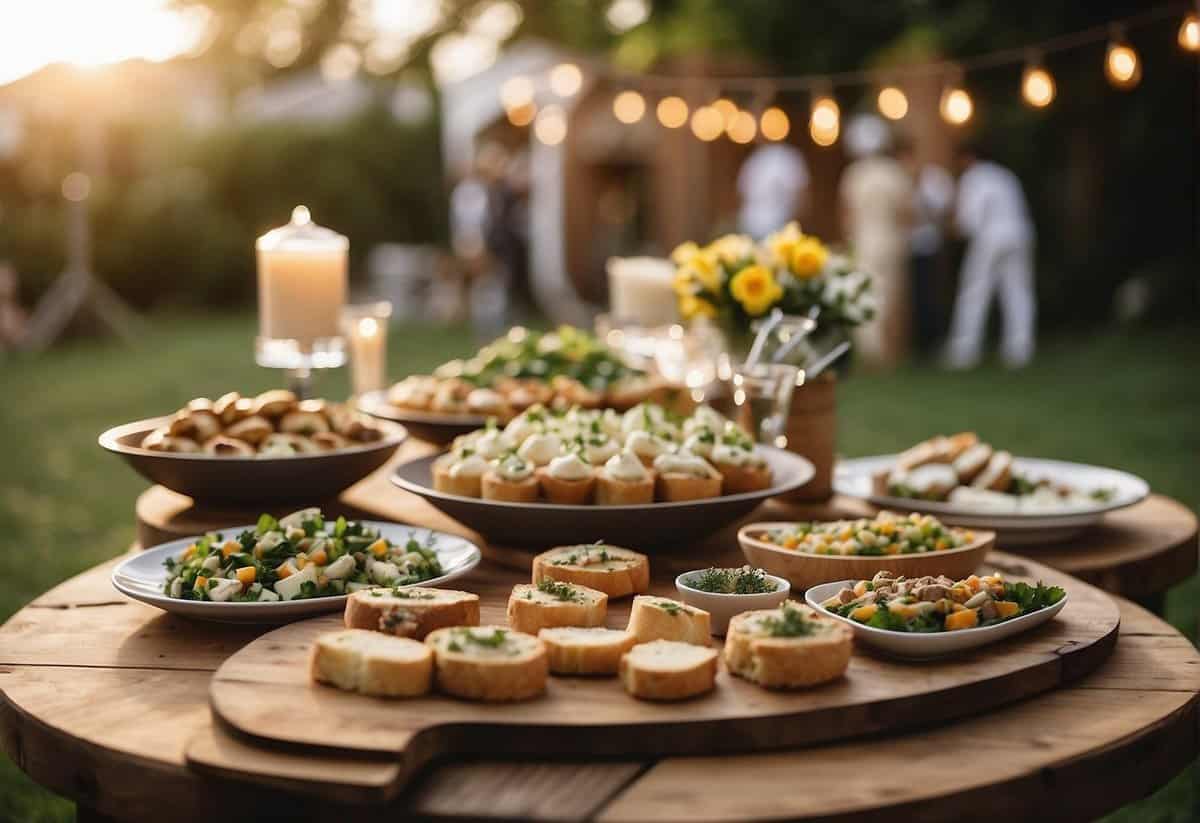 A backyard wedding spread with a variety of food options, including appetizers, entrees, and desserts, displayed on rustic wooden tables with floral arrangements and string lights creating a warm and inviting atmosphere