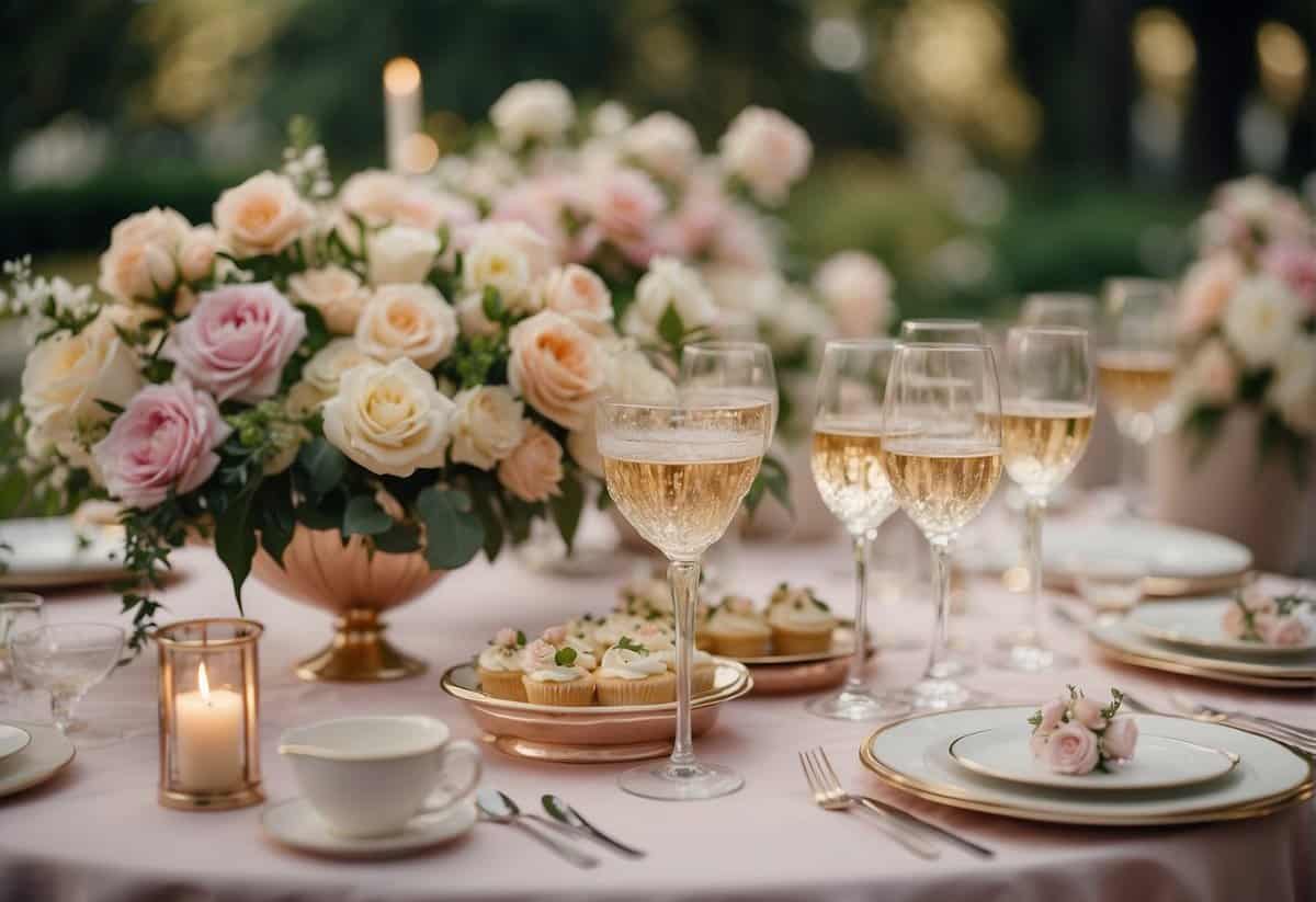 A table adorned with floral centerpieces, delicate china, and pastel-colored decorations. A display of elegant desserts and champagne flutes. Laughter and chatter fill the air as guests mingle and celebrate