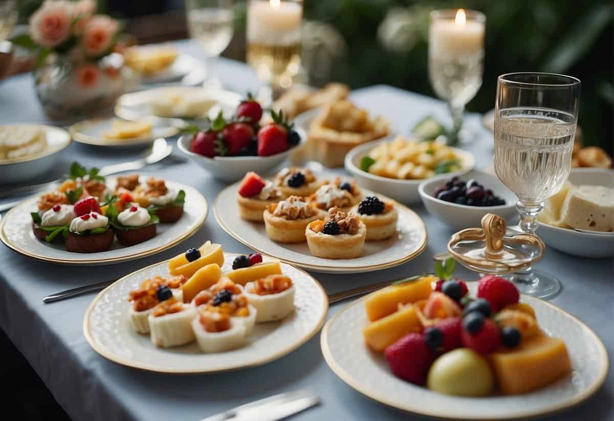 A table adorned with various appetizers, cocktails, and desserts, surrounded by elegant place settings and decorative floral arrangements